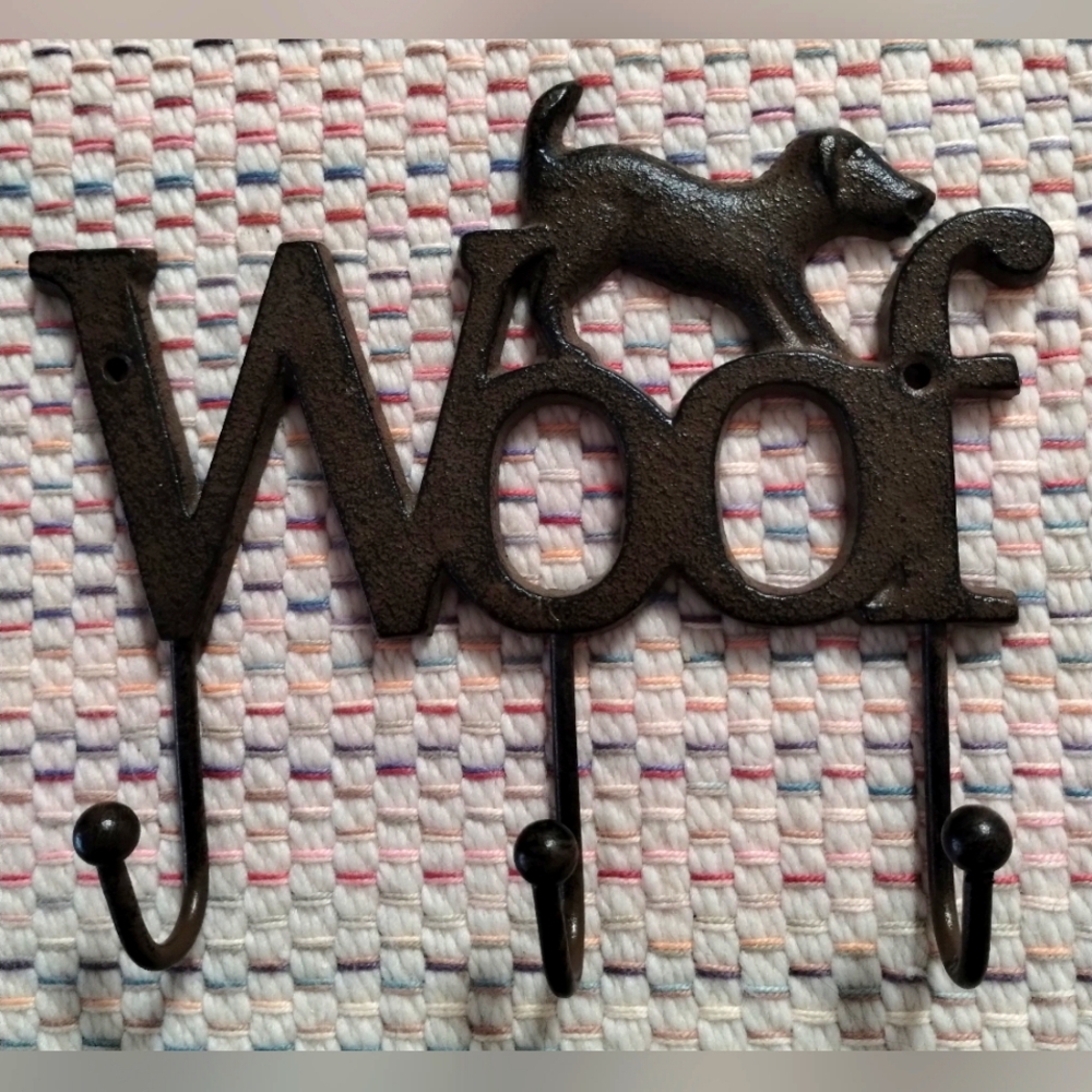 "Woof" Dog Leash or Keys 3 Prong Hook Rack Rustic Brown Cast Iron